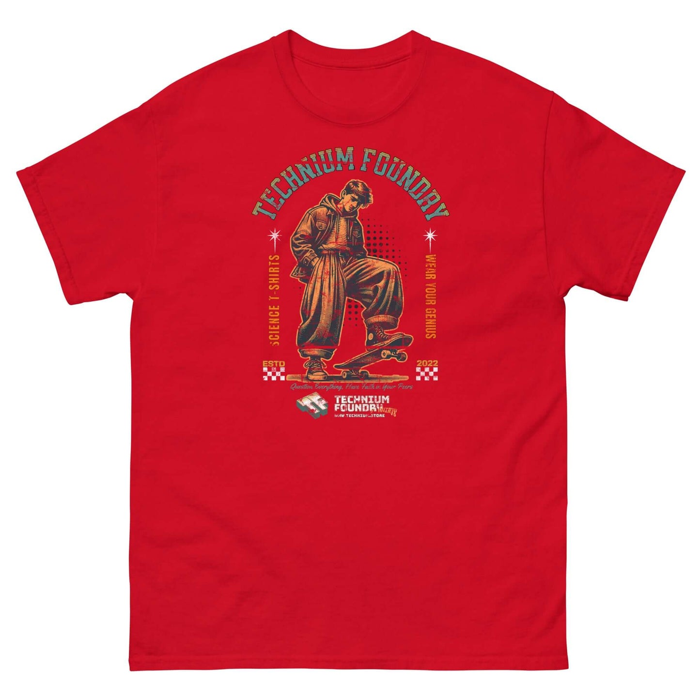 Red Technium Foundry T-shirt featuring a vintage-style skater scientist design with physics and street style elements.