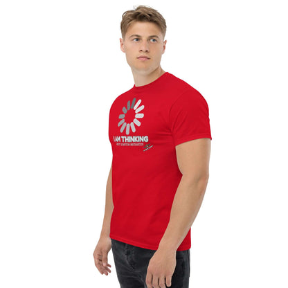 I Am Thinking About Quantum Mechanics Loading Screen T-Shirt | Schrödinger's Buffer Color: Red T-Shirt Size: S Apparel & Accessories Technium Foundry