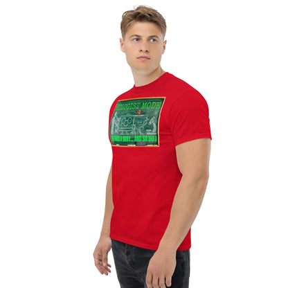 Biologist Mode Life Finds A Way T-Shirt in red, featuring retro chalkboard design with DNA and science humor graphics.