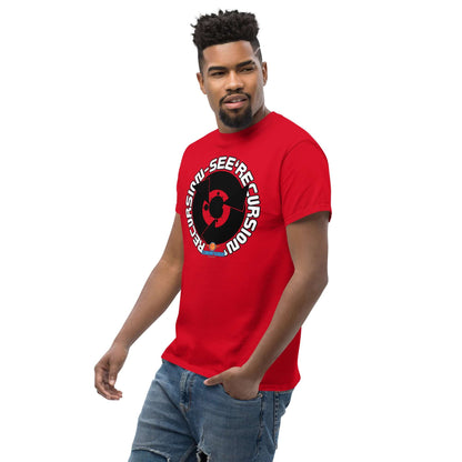 Red "Recursion: See 'Recursion'" tee from Science & Tech Apparel by Technium Foundry, featuring a circular design.