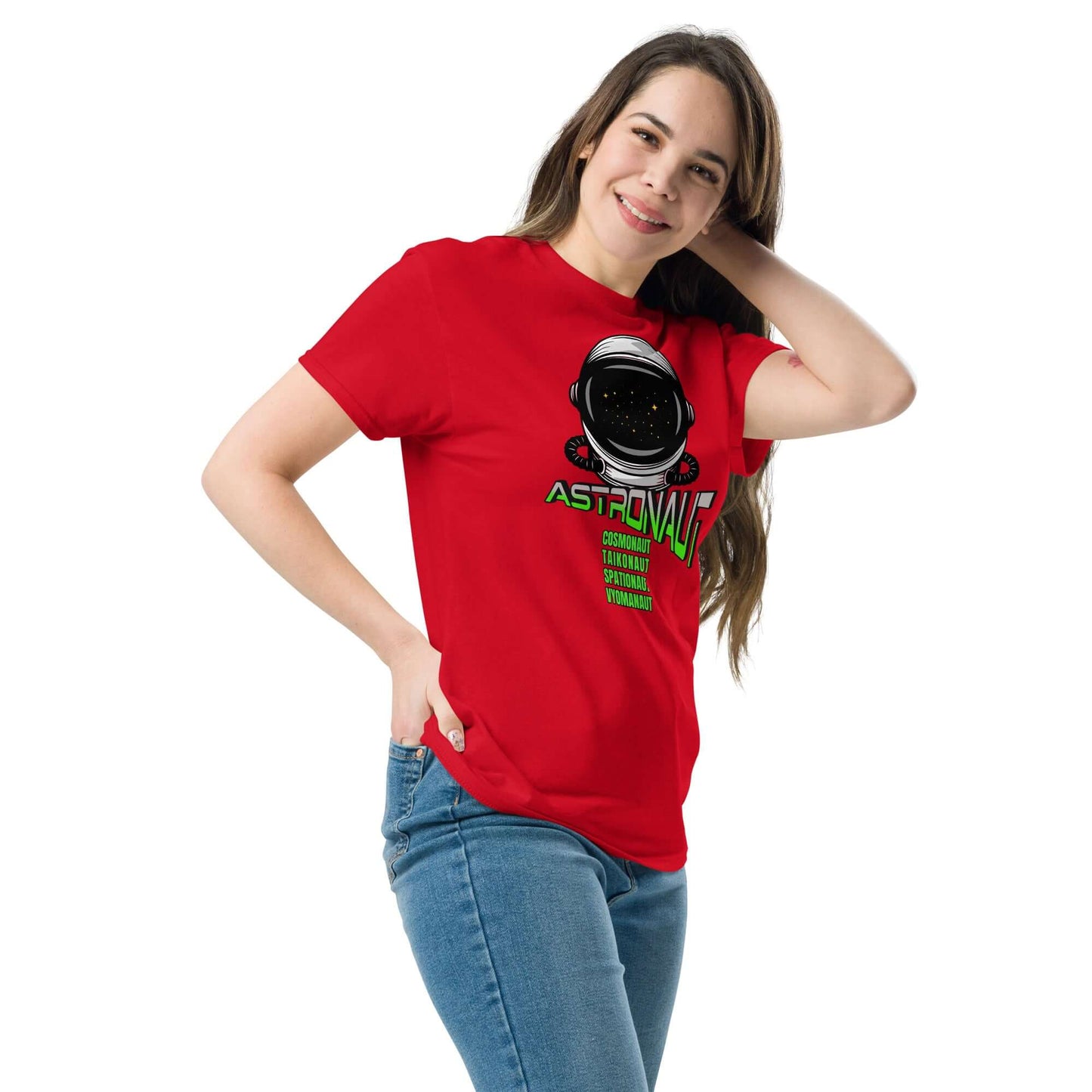 Woman wearing a red Space Explorer Synonyms T-Shirt by Technium Foundry, featuring astronaut-related terms in a bold design.