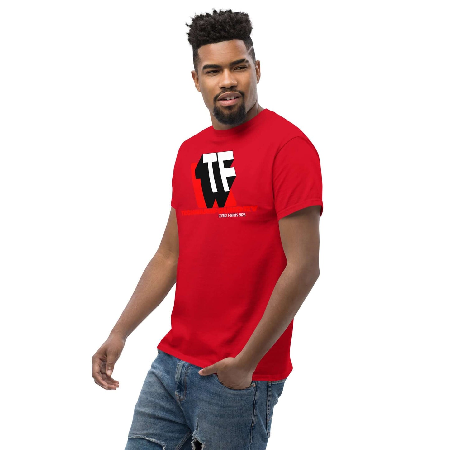 Man wearing a red T-shirt featuring the bold TF logo design from Technium Foundry, combining geometry and negative space.