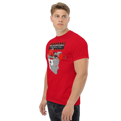 Red Memory Leak Repair Specialist T-Shirt featuring a neural maintenance design worn by a model.