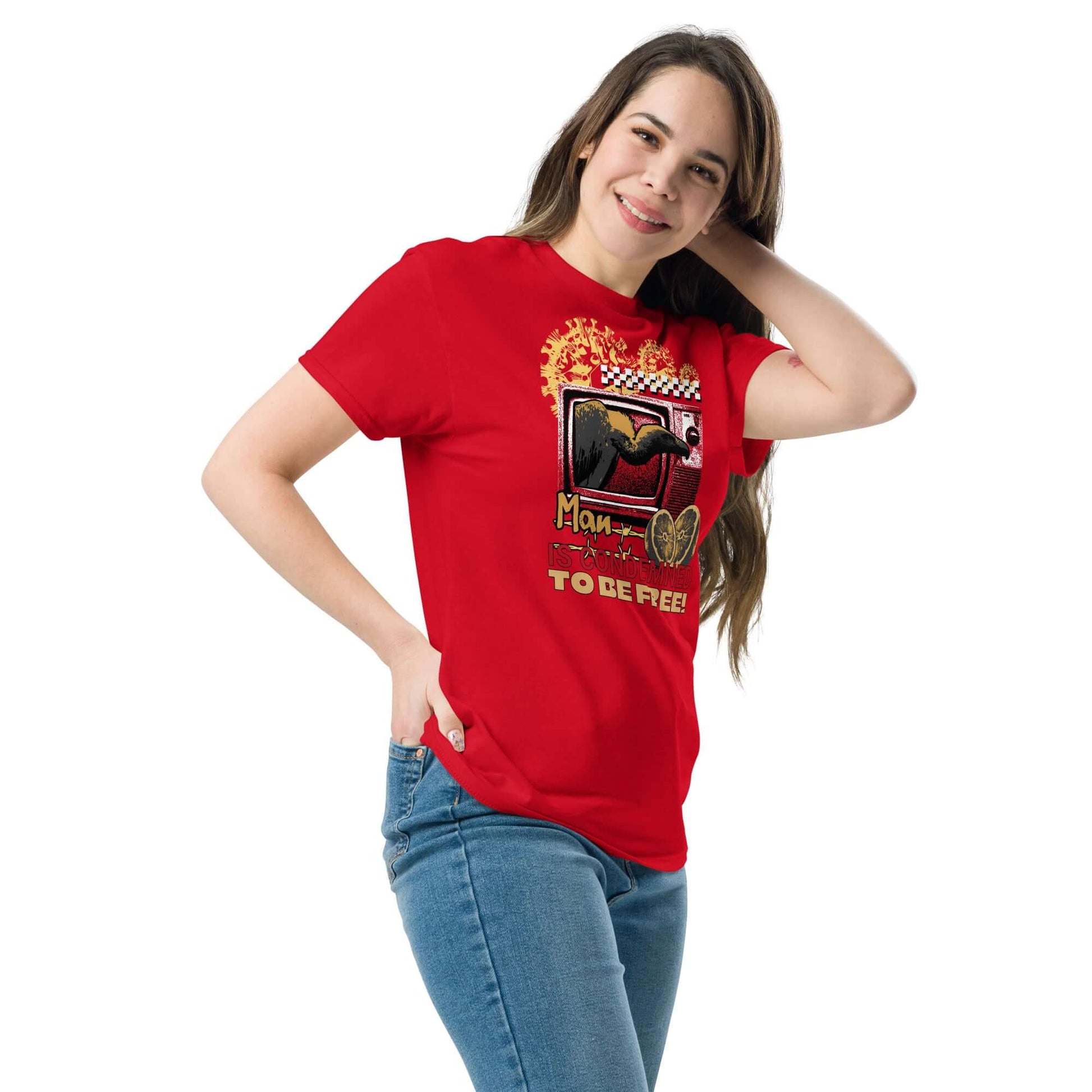 Woman wearing red T-shirt with vintage TV and crow design, inspired by Sartre's existential philosophy, by Technium Foundry.