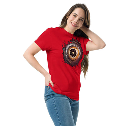 Woman wearing red t-shirt with atomic design and "Randomness Calibrated" text, symbolizing quantum physics and humor.