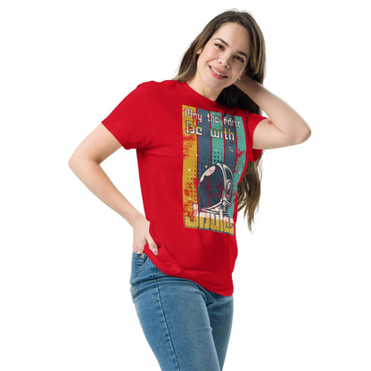 Woman wearing red Physics Force Joules T-Shirt with astronaut helmet and 'May the Force Be with Joules' text.