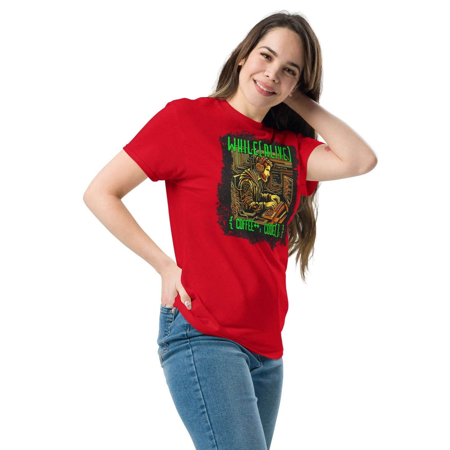 Woman wearing a While(alive) Programmer T-Shirt, featuring a humorous code and coffee design in green and gold on a red tee.