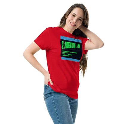 Woman wearing a red "Currently On a <br>" HTML humor T-shirt with terminal green text, perfect for coders needing a syntactic break.