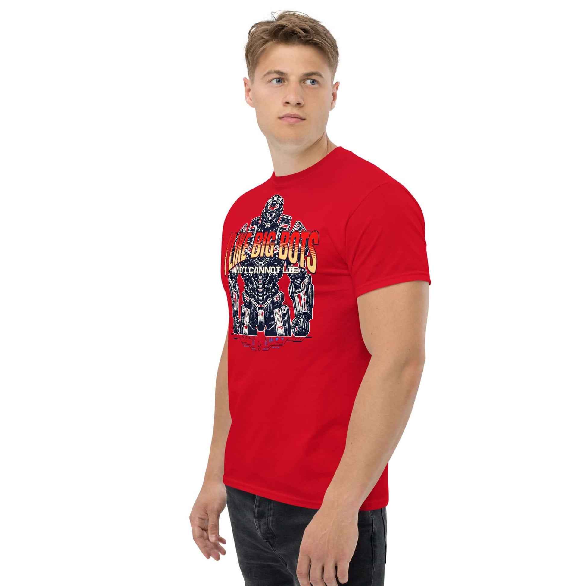 Red t-shirt with 'I Like Big Bots and I Cannot Lie' slogan, featuring a large robot design. Perfect for robot enthusiasts.