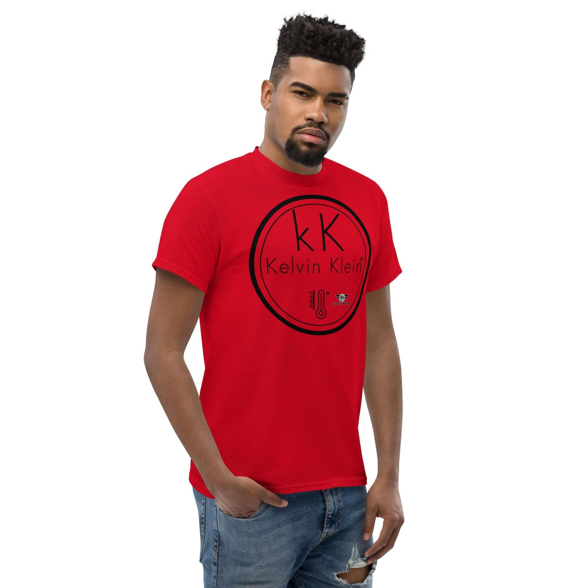 Kelvin Klein Temperature Scale Fashion Parody T-Shirt | Scientific Humor Apparel Color: Black T-Shirt Size: S Apparel & Accessories Technium Foundry