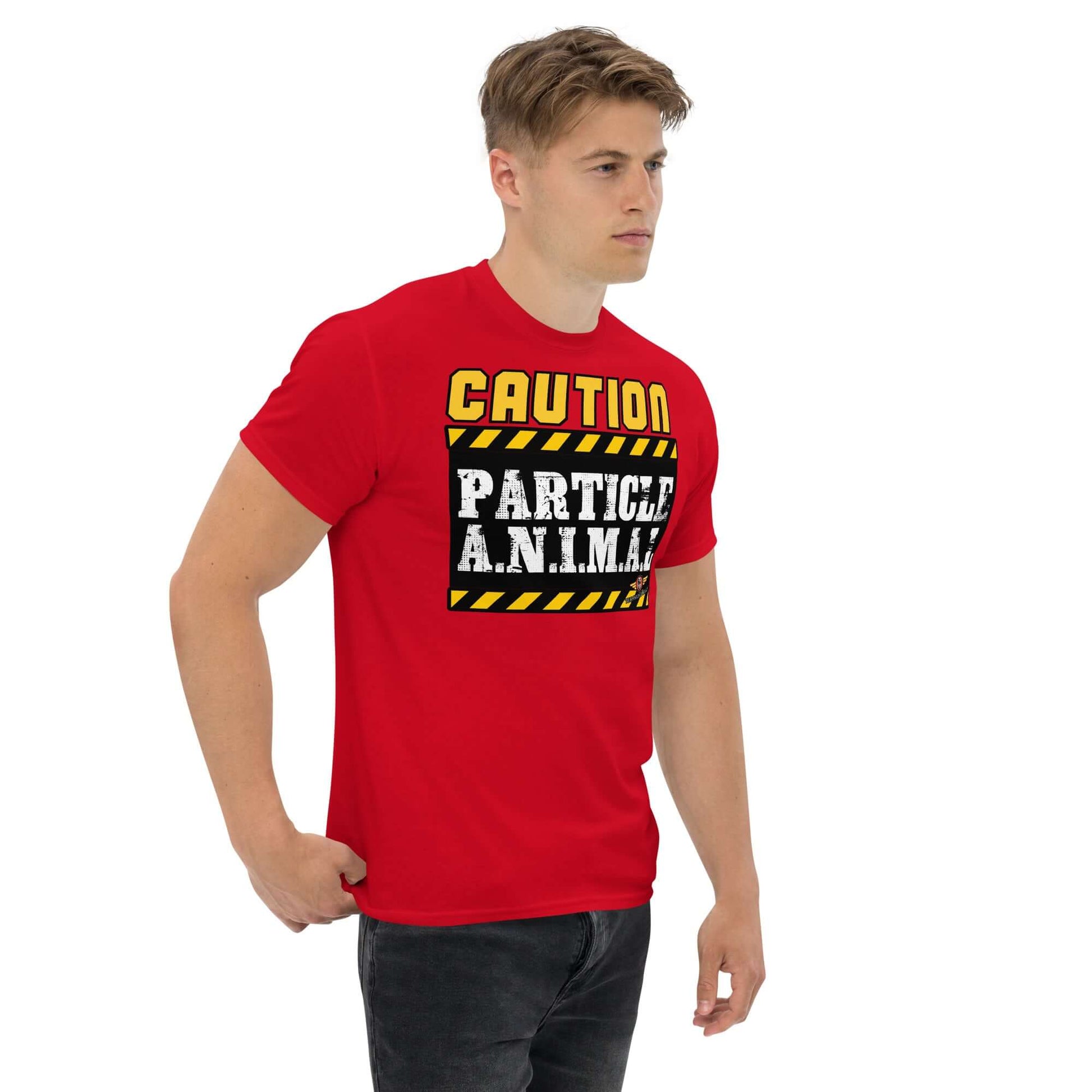 Particle Animal Caution Sign Physics T-Shirt | Science Humor Color: Red T-Shirt Size: S Apparel & Accessories Technium Foundry