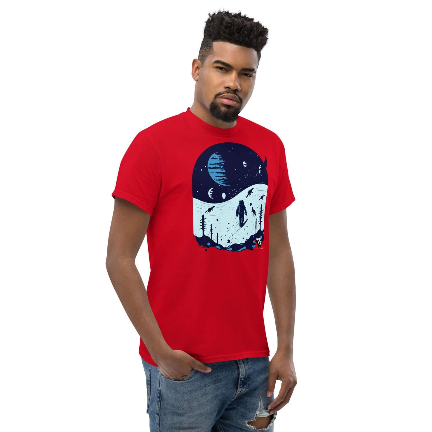 Space Dinosaur Slopes T-Shirt in red featuring a cosmic dinosaur ski resort design with astronaut and alien planets by Technium Foundry.