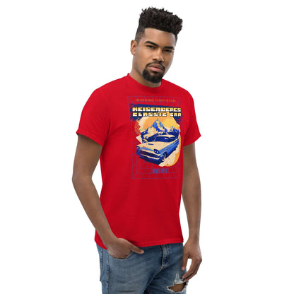 Man wearing red t-shirt with Heisenberg's Classic Car design featuring '58 Impala and mountains, blending retro style and quantum theme.