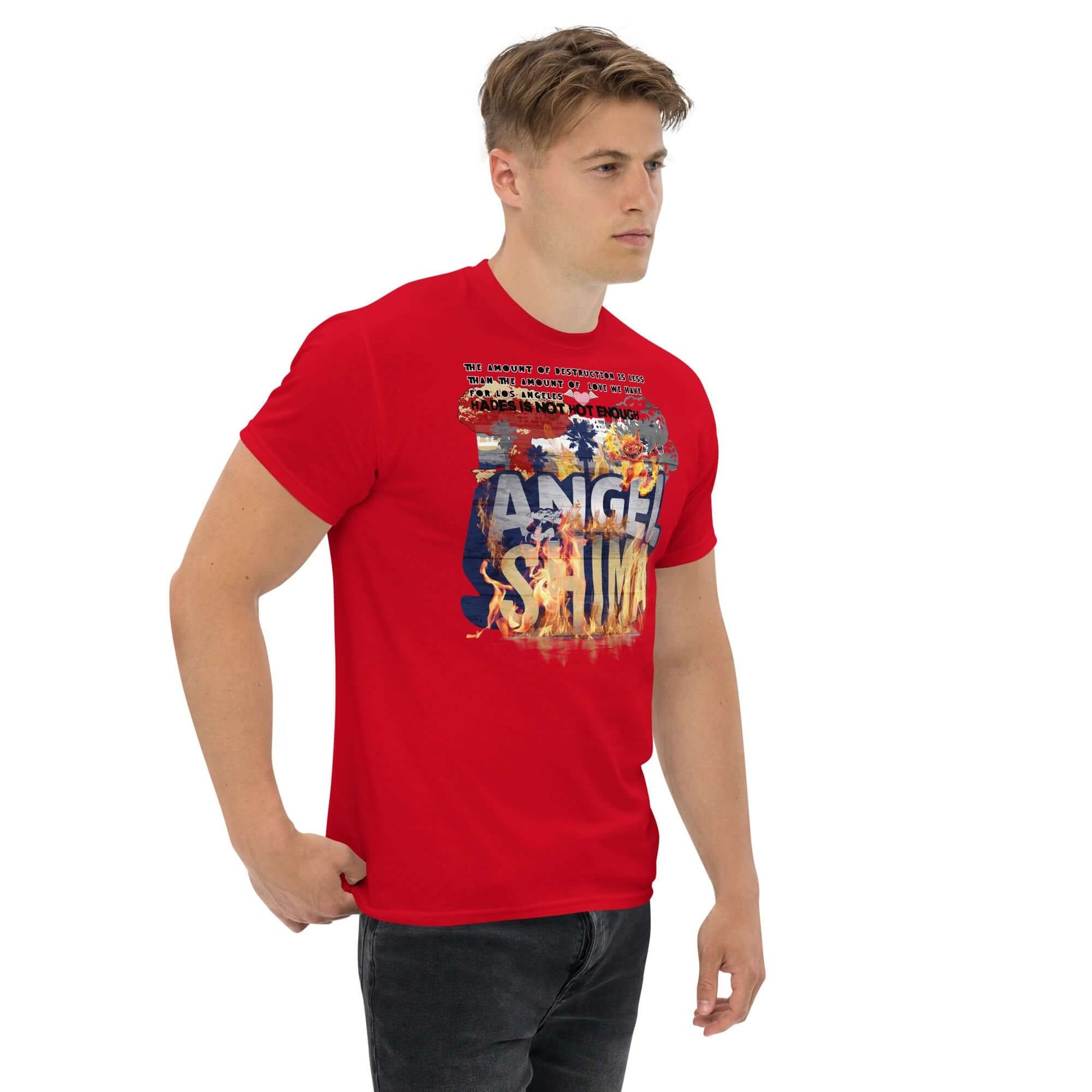 Angelshima Destruction yet Love T-Shirt in red featuring Los Angeles theme.