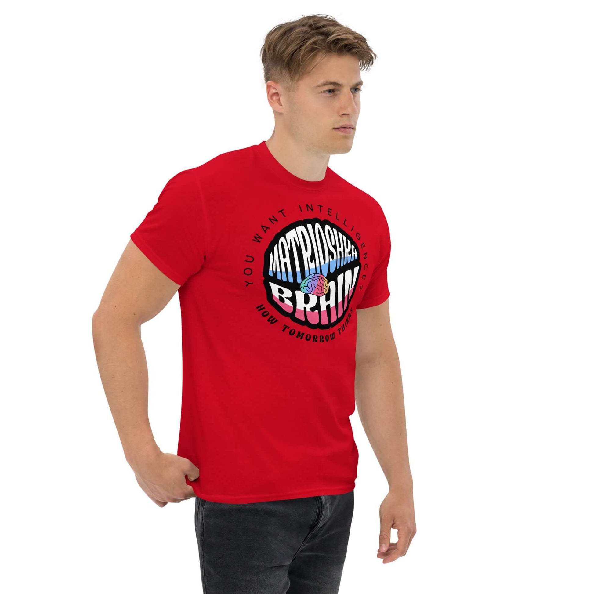 Red "Matrioshka Brain" t-shirt featuring colorful brain design and text "You Want Intelligence? How Tomorrow Thinks."