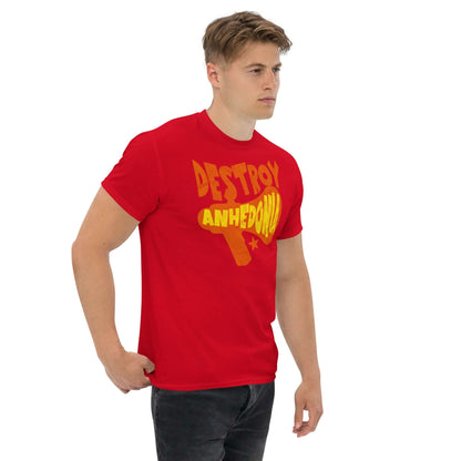 Man wearing "Destroy Anhedonia" t-shirt, promoting mental health activism with a bold punk design in red and yellow.