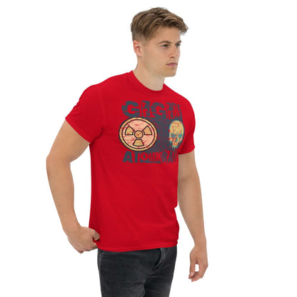 Man wearing red "GEGEN ATOMKRAFT" protest t-shirt with radiation symbol and melting skull design.