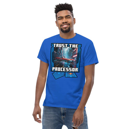 Man wearing "Trust the Processor" T-shirt, cyberpunk design, part of Science & Tech Apparel Collection by Technium Foundry.