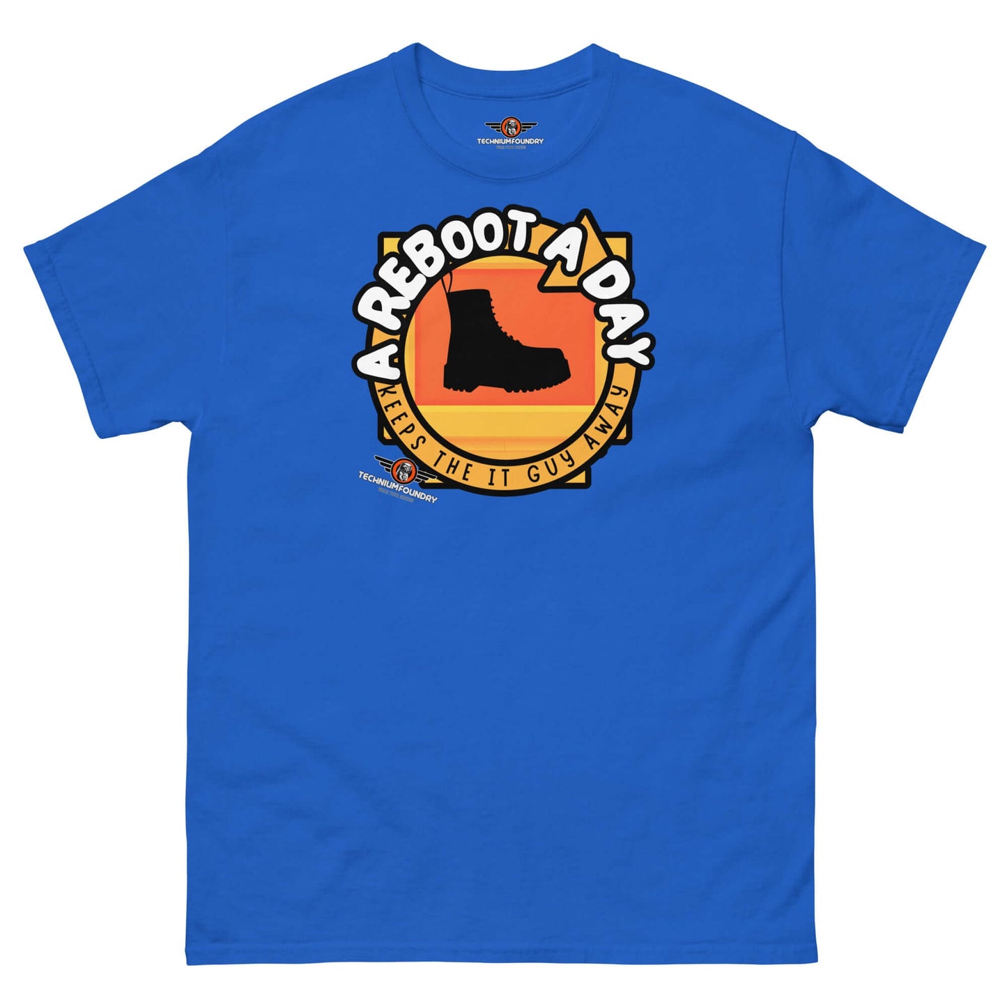 A Reboot A Day - IT Support Humor T-Shirt | Tech Help Desk Boot Design Color: Royal T-Shirt Size: S Apparel & Accessories Technium Foundry