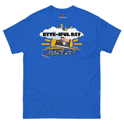 Byte-iful Day Computer Pun T-Shirt in blue featuring whimsical sun and cloud design with retro computer graphic.