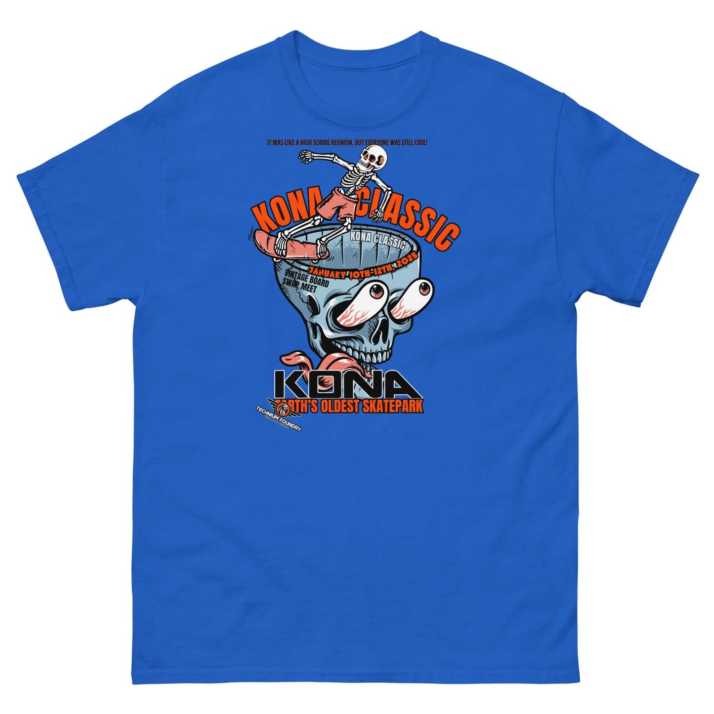 Kona Classic Skater T-Shirt | America's Oldest Skatepark Event Tee Color: Royal T-Shirt Size: S Apparel & Accessories Technium Foundry