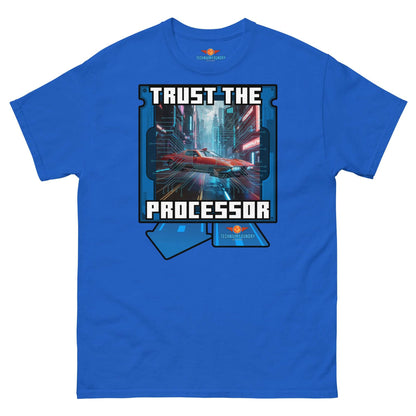 Blue "Trust the Processor" T-shirt with cyberpunk motherboard design from Technium Foundry's Science & Tech Apparel Collection.