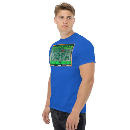 Blue "Biologist Mode" t-shirt with retro chalkboard design showcasing DNA helixes and science humor, worn by a model.