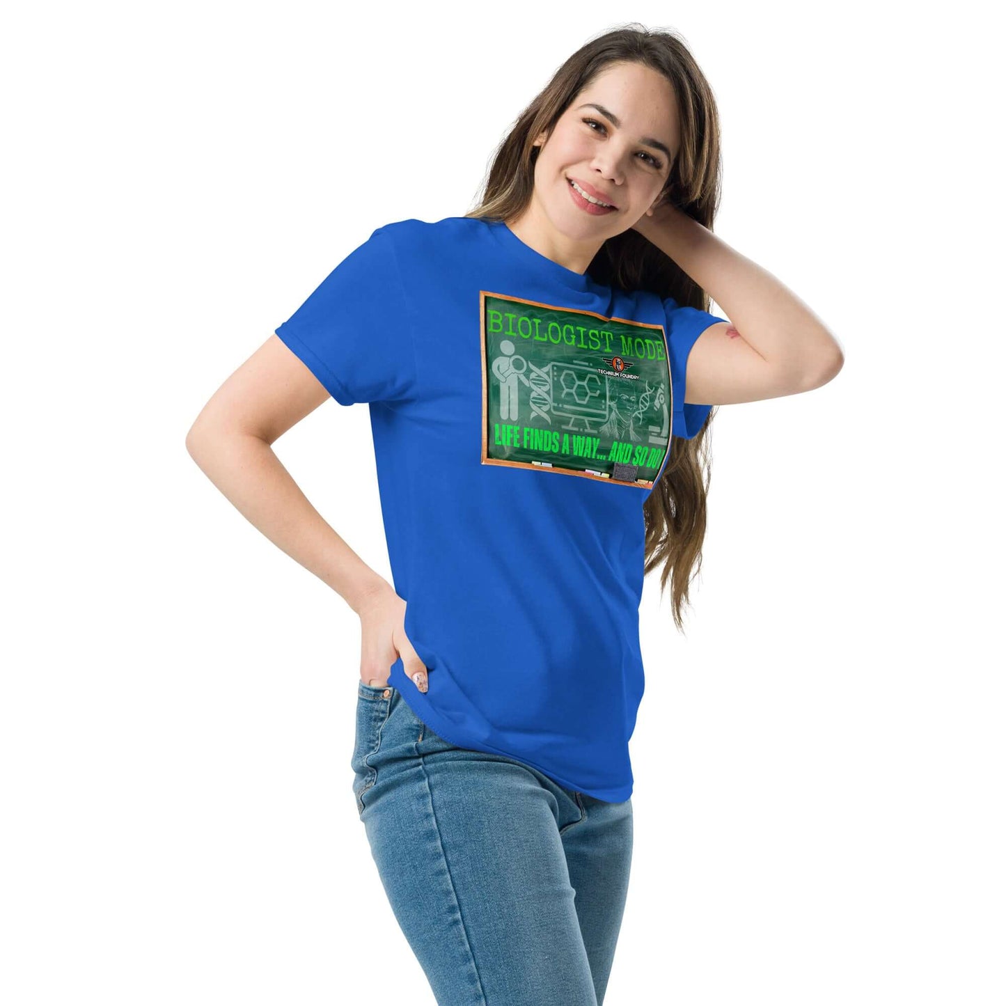 Woman wearing a blue "Biologist Mode" t-shirt featuring a vintage design with DNA and science humor elements.