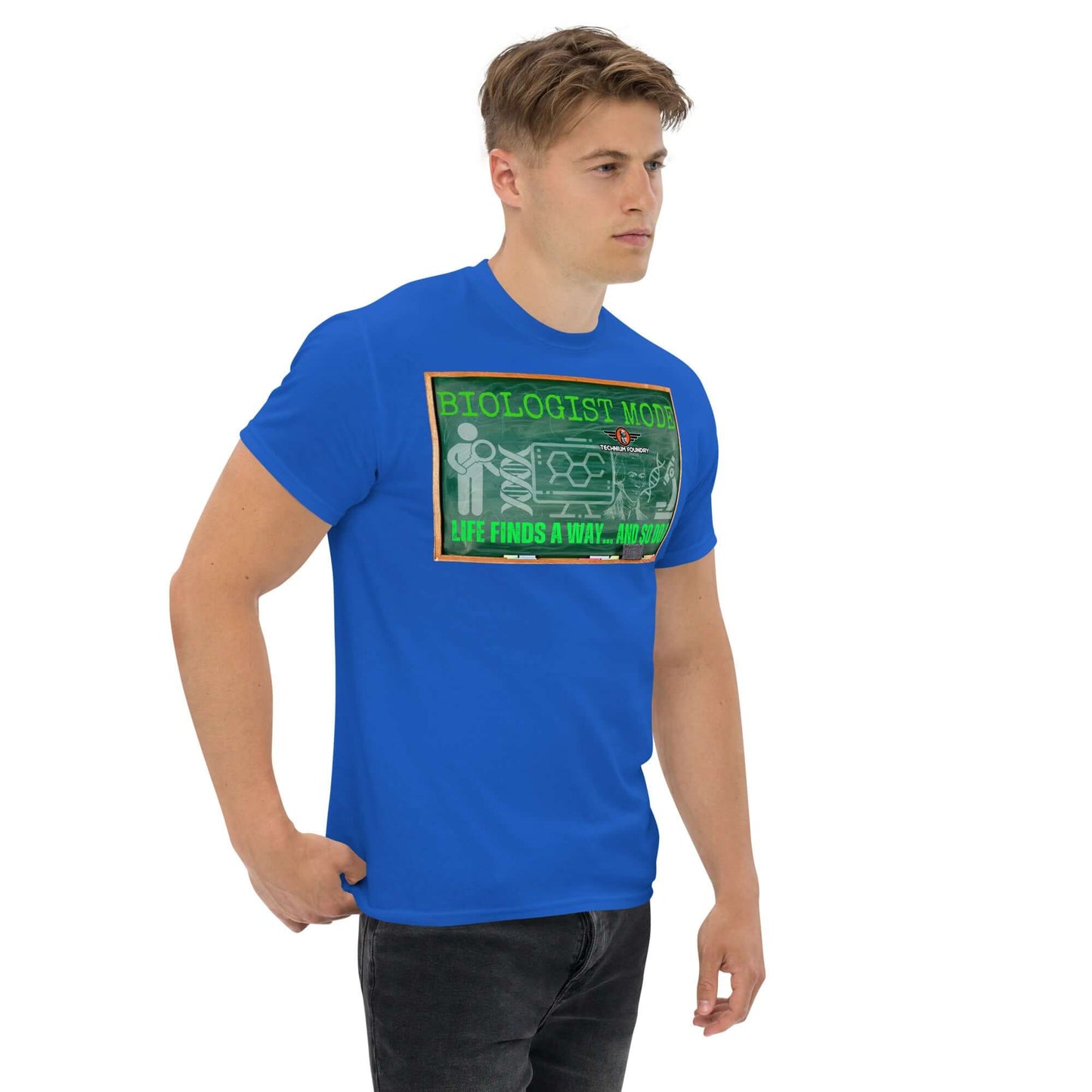 Biologist Mode "Life Finds A Way" T-Shirt in blue, featuring DNA designs and a retro chalkboard aesthetic. Perfect for science humor lovers.