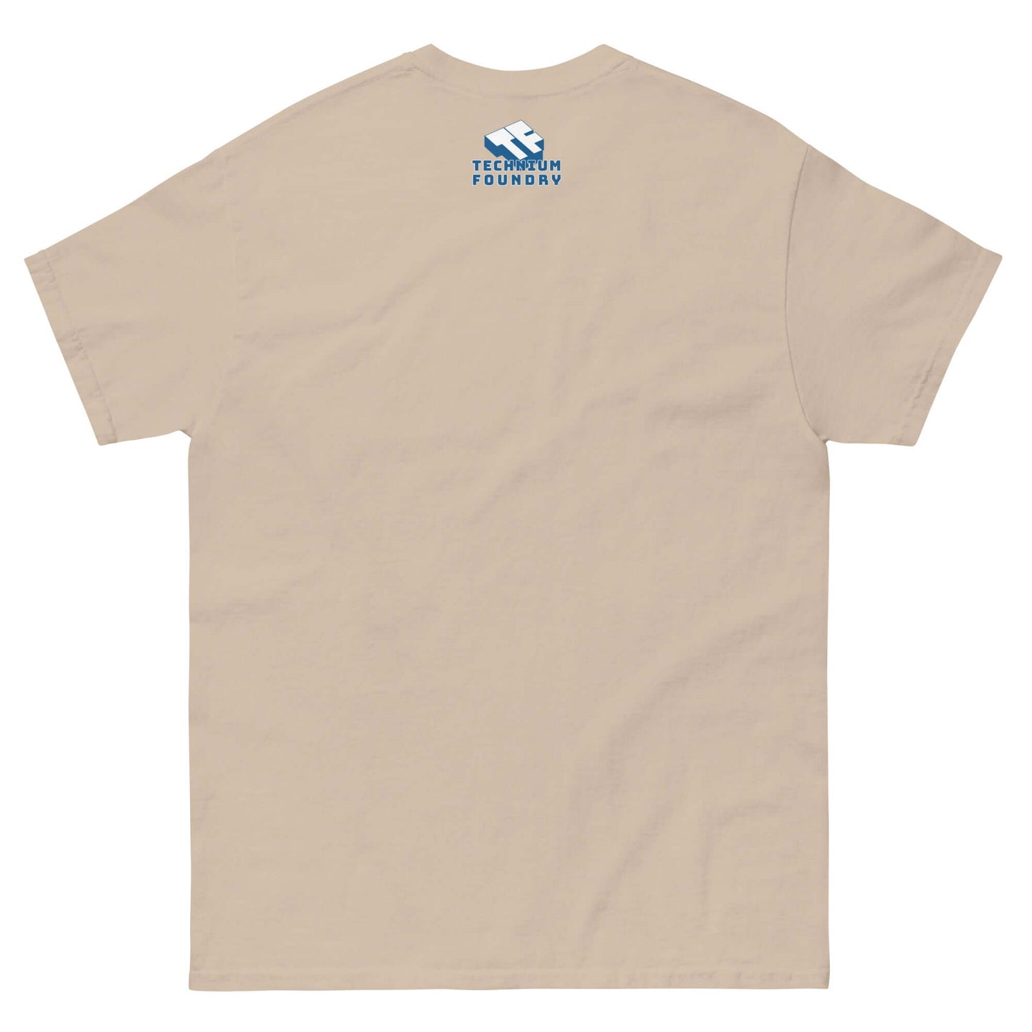 Back of 'One Hundred Sixty MPH Tennis Exhaustion' T-shirt in beige, featuring small blue text logo under collar.