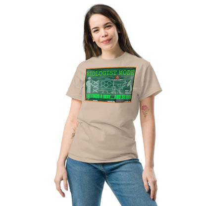 Woman wearing a "Biologist Mode" t-shirt featuring retro DNA design and science humor, showcasing a playful nod to biology.