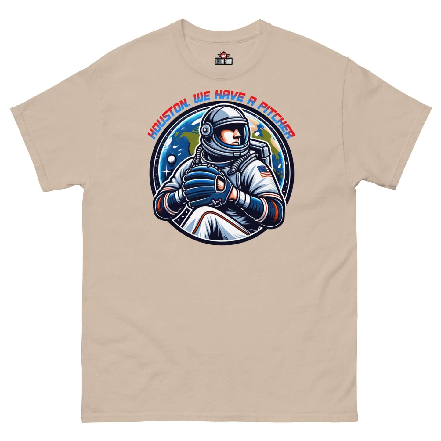 "Houston, We Have A Pitcher" T-Shirt with space athlete ready to pitch, where space adventure meets baseball fun by Technium Foundry.