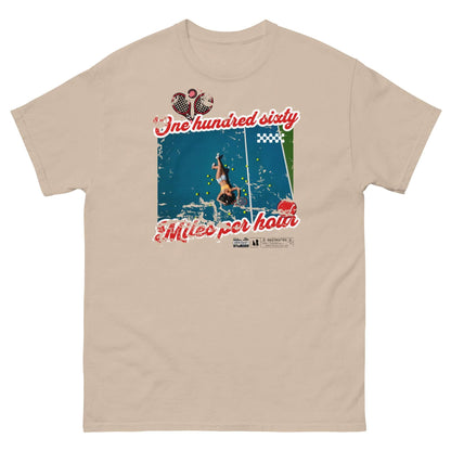 Alt Tag: Tan t-shirt featuring 'One Hundred Sixty Miles Per Hour' tennis exhaustion graphic with vintage style design.