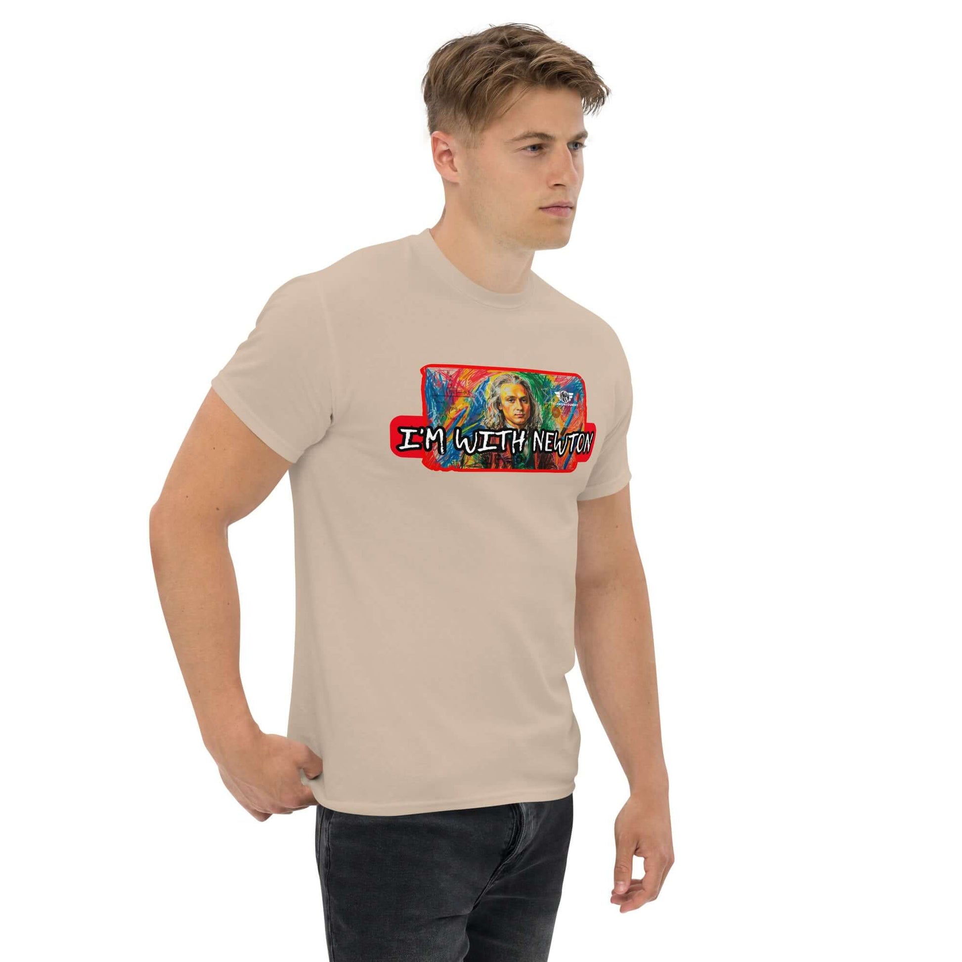 I'm With Newton - Colorful Physics Portrait T-Shirt | Classical Mechanics Goes Pop Art Color: Black T-Shirt Size: S Apparel & Accessories Technium Foundry