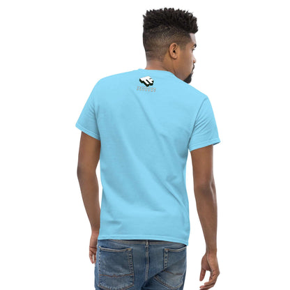 Back view of a blue Programmer T-Shirt with tech design, featuring a logo near the collar.