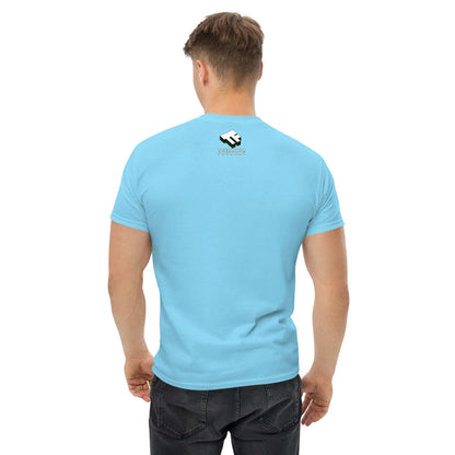 Man wearing light blue t-shirt with small back logo, viewed from behind