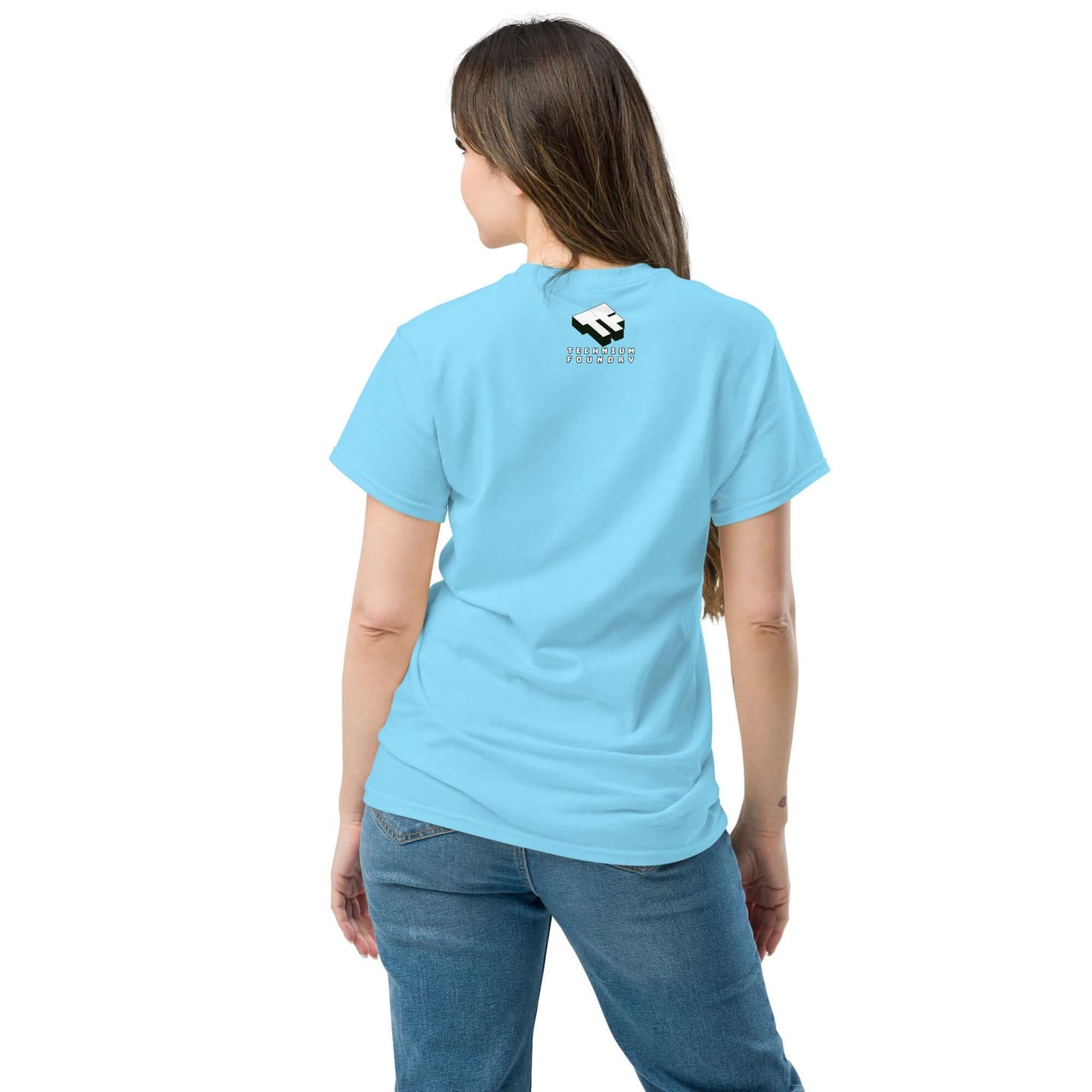 Woman wearing light blue t-shirt with logo on back, jeans, facing away.