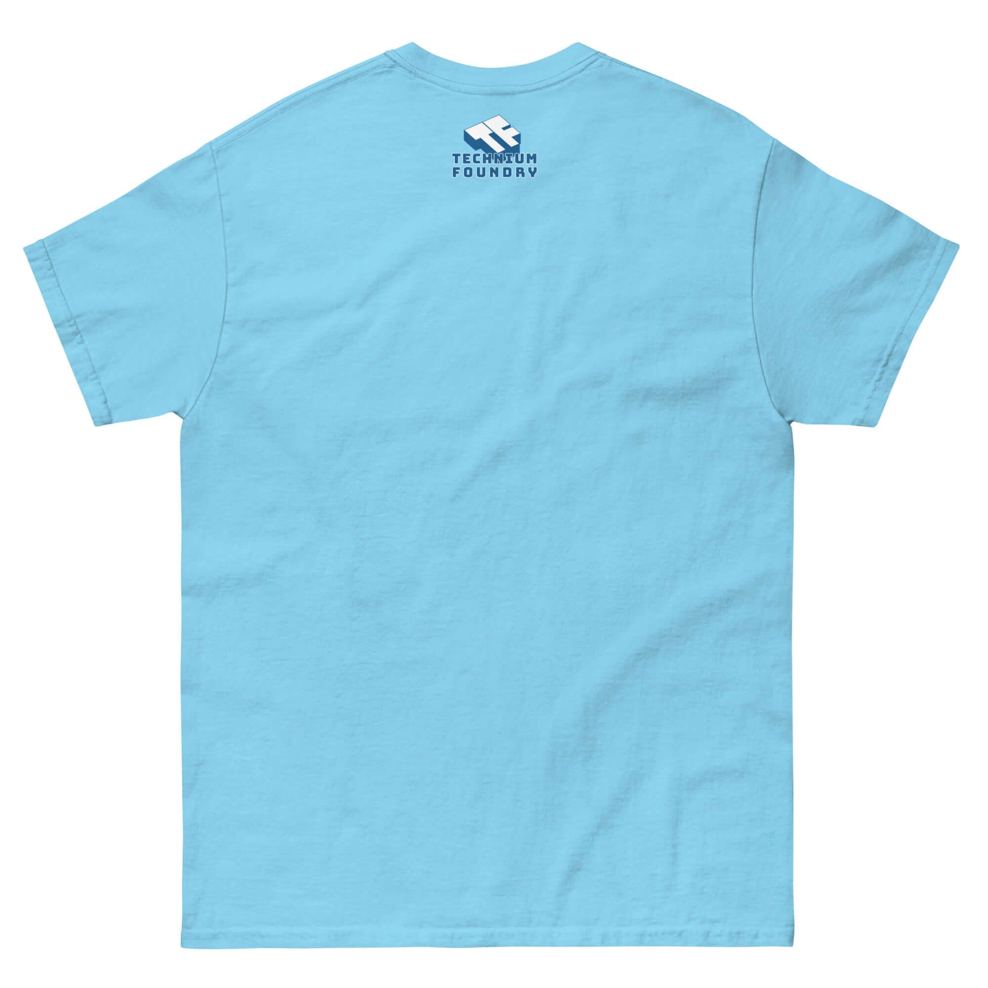 Light blue t-shirt with "Technum Foundry" logo on the back, shown from rear view.