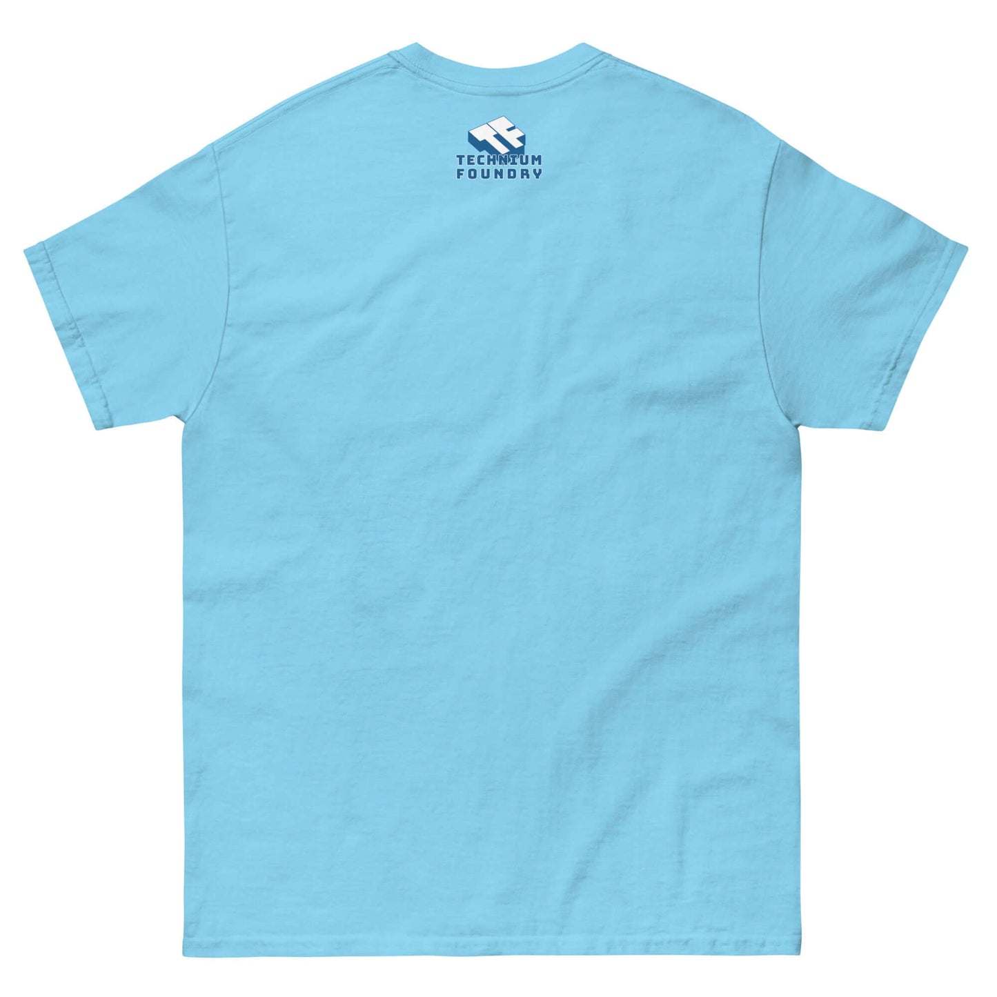 Light blue t-shirt back view with "Technium Foundry" text, showcasing a simple design for the Computronium Programmable Matter theme.