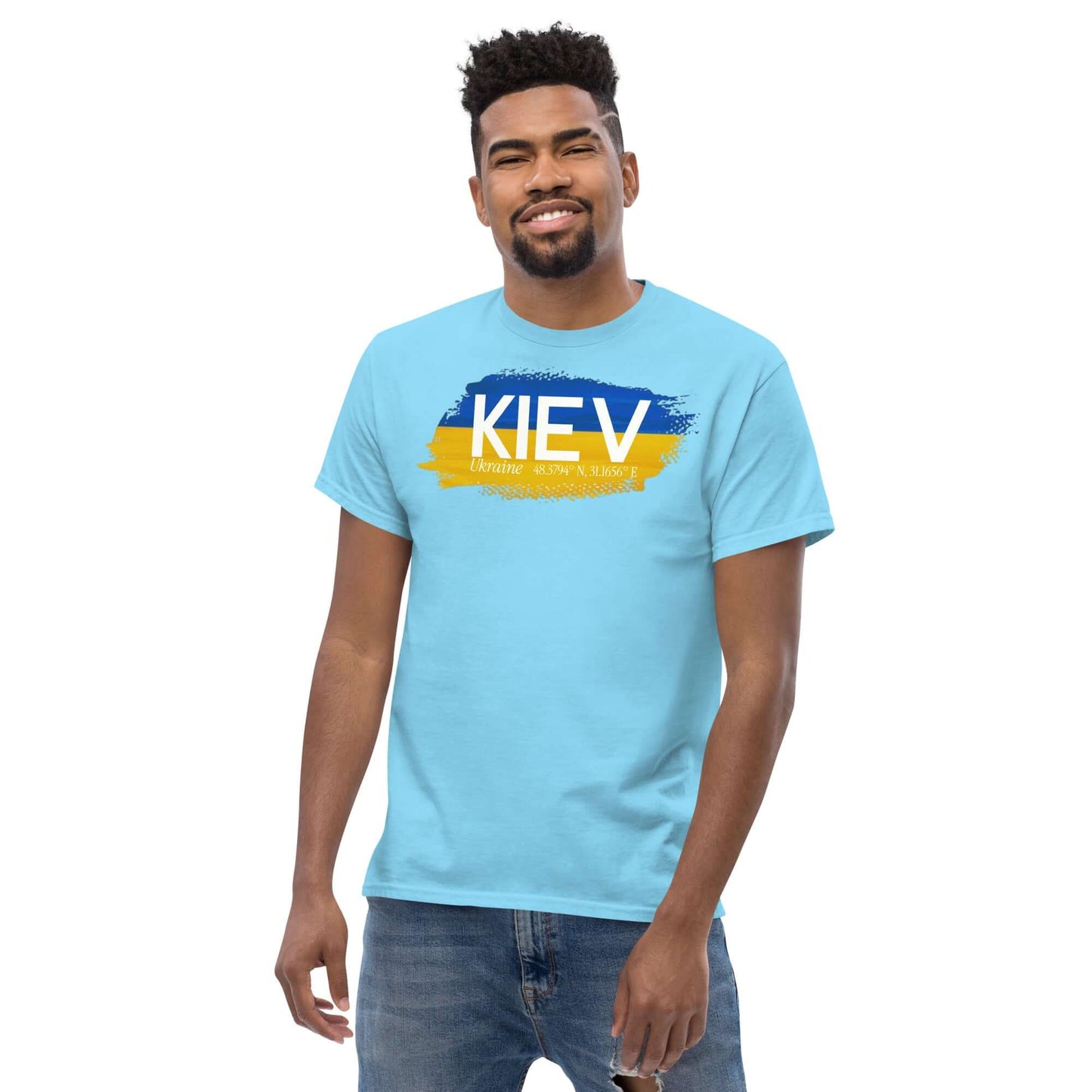 Man wearing a Kiev City Pride T-Shirt with Ukraine flag colors, showing style and patriotism.