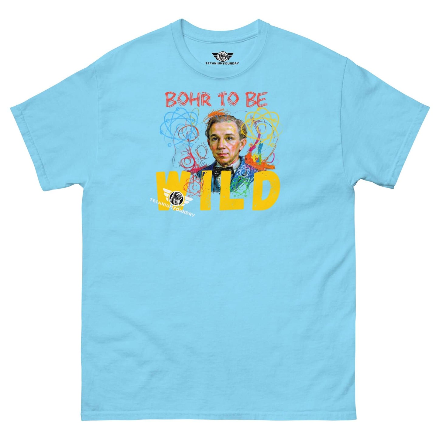 Bohr to Be Wild - Scientific Rock & Roll Fusion Art T-Shirt | Quantum Physics Portrait Color: Sky T-Shirt Size: S Apparel & Accessories Technium Foundry