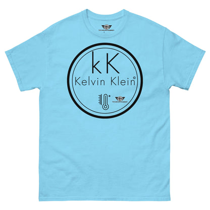 Kelvin Klein Temperature Scale Fashion Parody T-Shirt | Scientific Humor Apparel Color: Sky T-Shirt Size: S Apparel & Accessories Technium Foundry