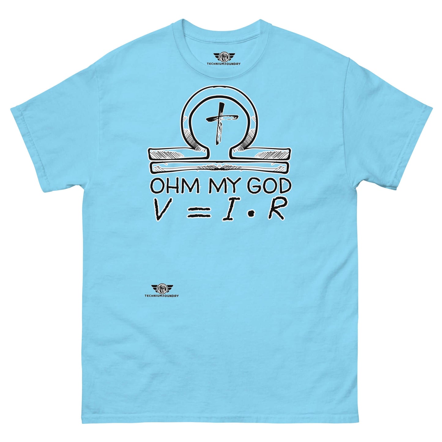 Ohm My God - Physics Meets Faith T-Shirt | Ohm's Law Religious Humor Color: Sky T-Shirt Size: S Apparel & Accessories Technium Foundry