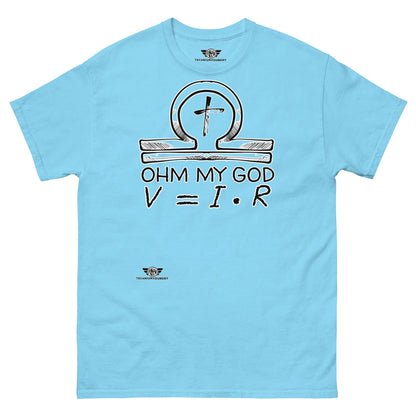 Ohm My God - Physics Meets Faith T-Shirt | Ohm's Law Religious Humor Color: Sky T-Shirt Size: S Apparel & Accessories Technium Foundry