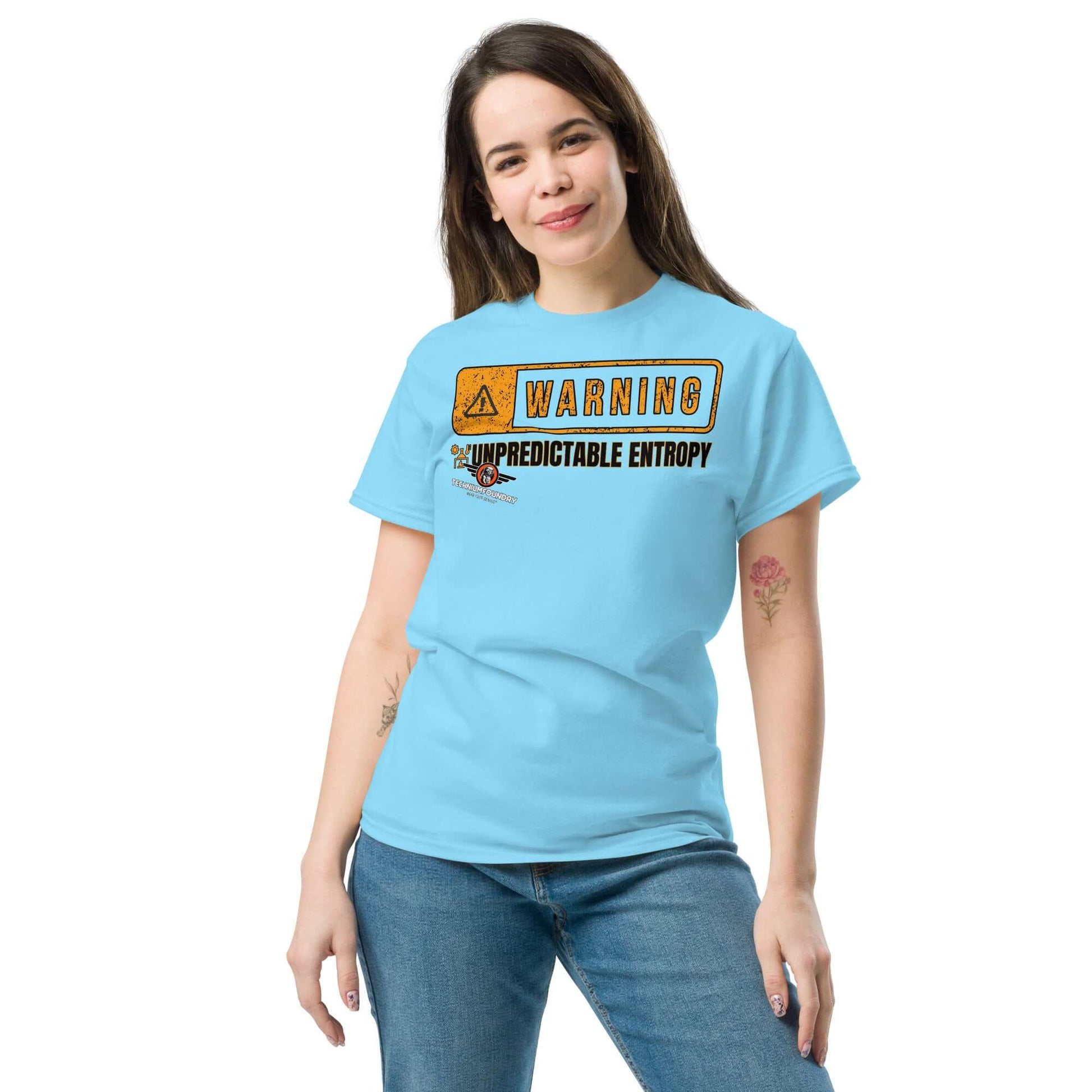 Warning: Unpredictable Entropy T-Shirt | Thermodynamics Hazard Sign Humor Color: Black T-Shirt Size: S Apparel & Accessories Technium Foundry