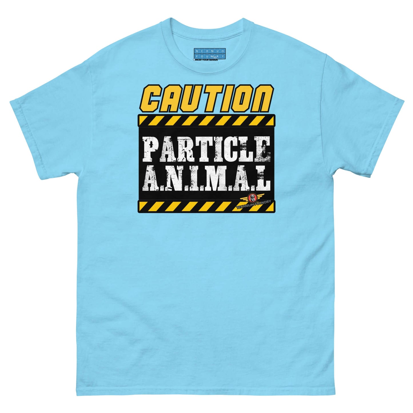 Particle Animal Caution Sign Physics T-Shirt | Science Humor Color: Sky T-Shirt Size: S Apparel & Accessories Technium Foundry