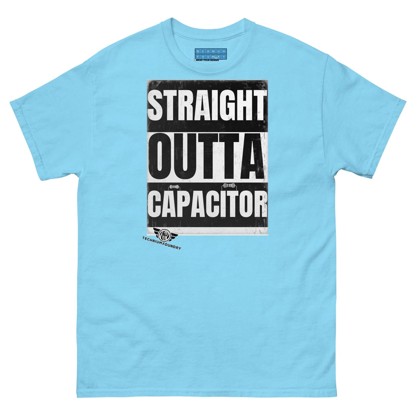 Straight Outta Capacitor T-Shirt | Electrical Circuit Humor Color: Sky T-Shirt Size: S Apparel & Accessories Technium Foundry