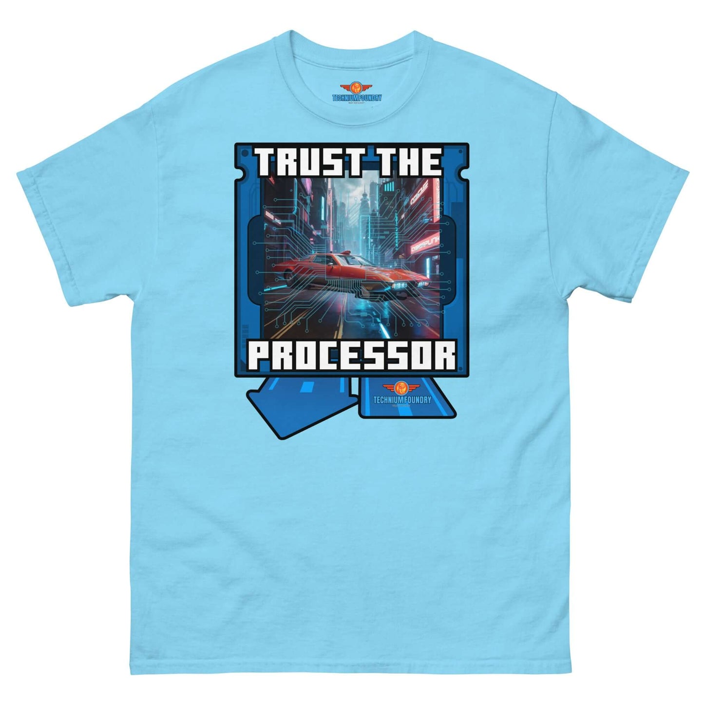 Light blue cyberpunk T-shirt featuring "Trust the Processor" design with futuristic cityscape. Science & Tech Apparel by Technium Foundry.