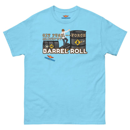 "Git Push --Force Barrel Roll Edition Tee from Technium Foundry's Science & Tech Apparel Collection in light blue"