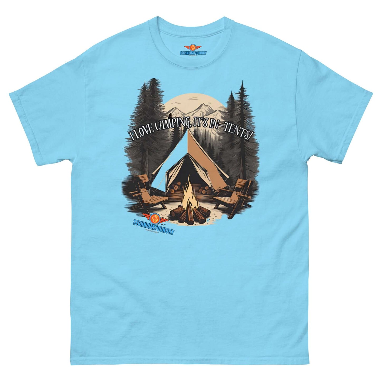 Blue tee with tent and campfire scene, text "I Love Camping, It's In-Tents", part of Science & Tech Apparel Collection by Technium Foundry.